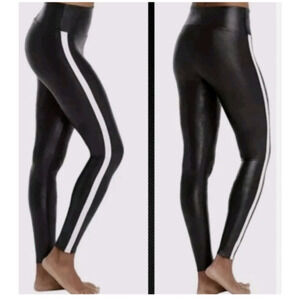 Spanx L Tuxedo Stripe Faux Leather High Rise Black Ankle Leggings Black A58